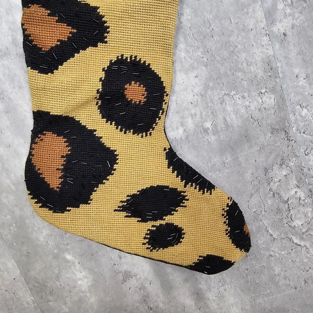 West Elm Leopard Beaded Wool Cotton Black Brown Christmas Stocking Holiday Decor